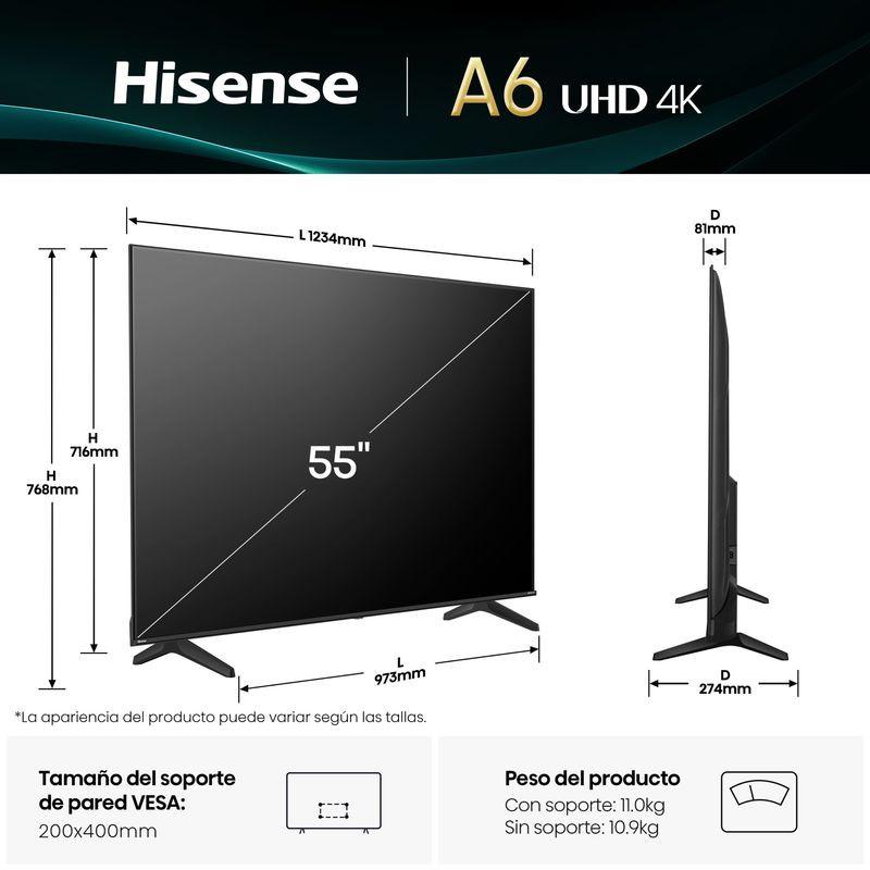 Dimensiones de Hisense 55A6Q 55 4K Ultra HD Smart TV Wifi Negro