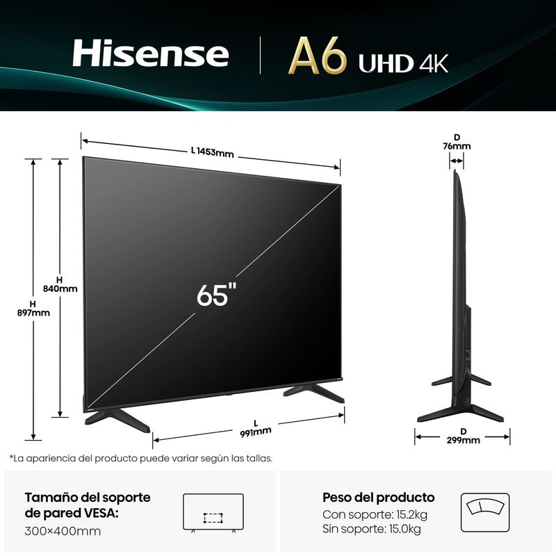 Dimmensions de Hisense 65A6Q Noir