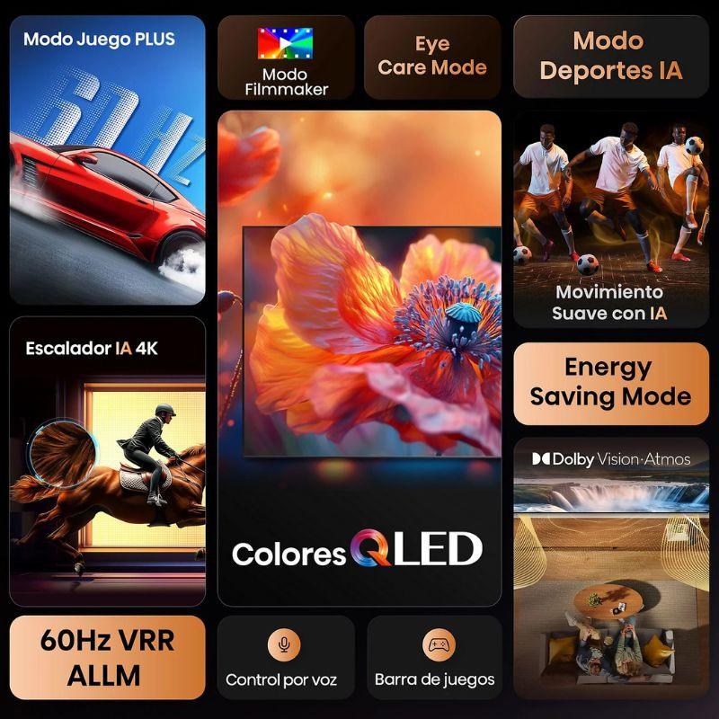 Hisense 75E7Q 75" QLED 4K UHD preto com cores vibrantes, Dolby Vision/Atmos, 60Hz VRR ALLM, IA 4K, Modo Jogo, Filmmaker, Esportes e Economia de Energia.