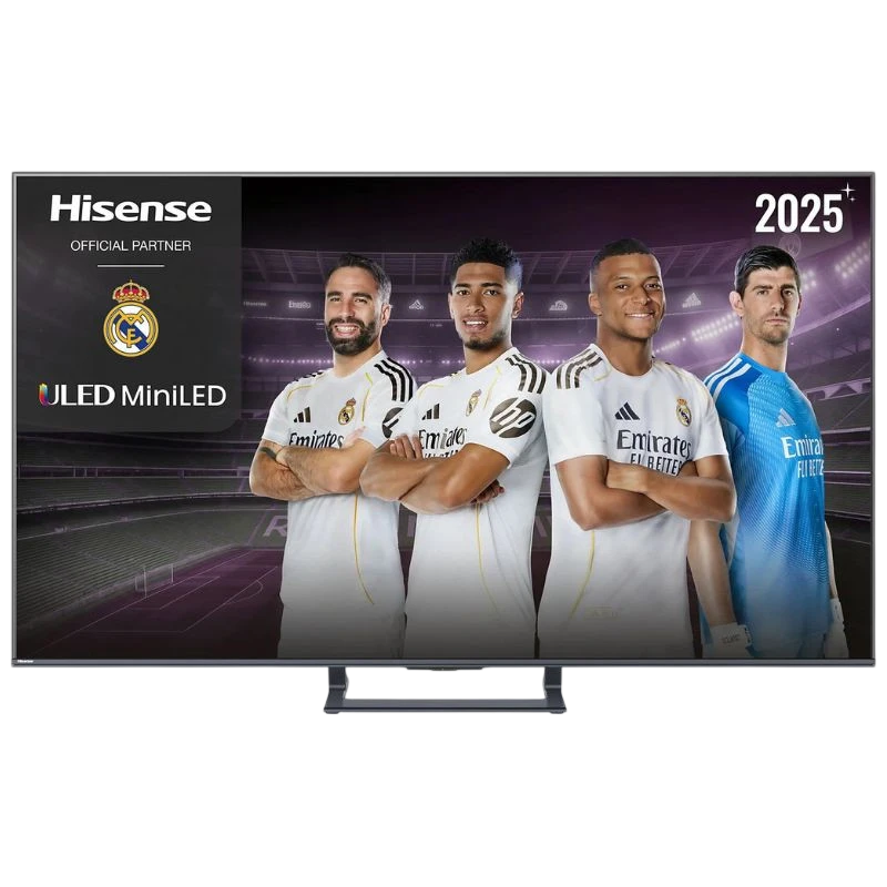 Hisense 75E7Q 75" 4K UHD QLED Smart TV preto com moldura fina, tela ampla e cores vibrantes; suporte central discreto, ideal para salas grandes.