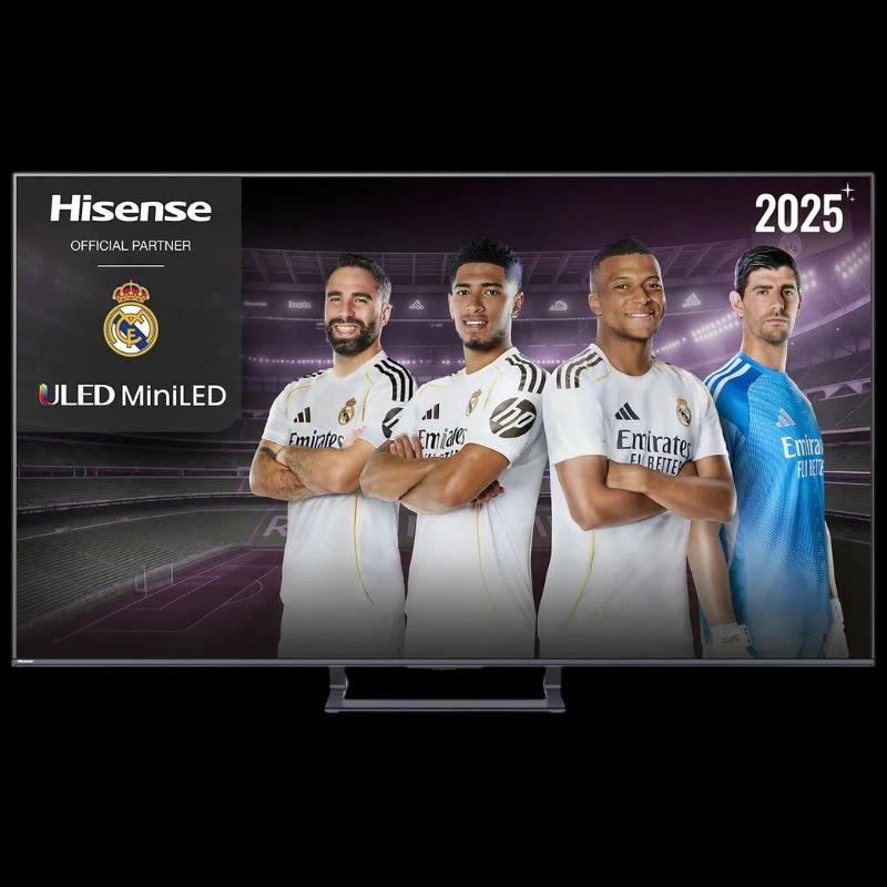 Hisense 75E7Q 75" 4K UHD QLED Smart TV preto com moldura fina, tela ampla e cores vibrantes; suporte central discreto, ideal para salas grandes.
