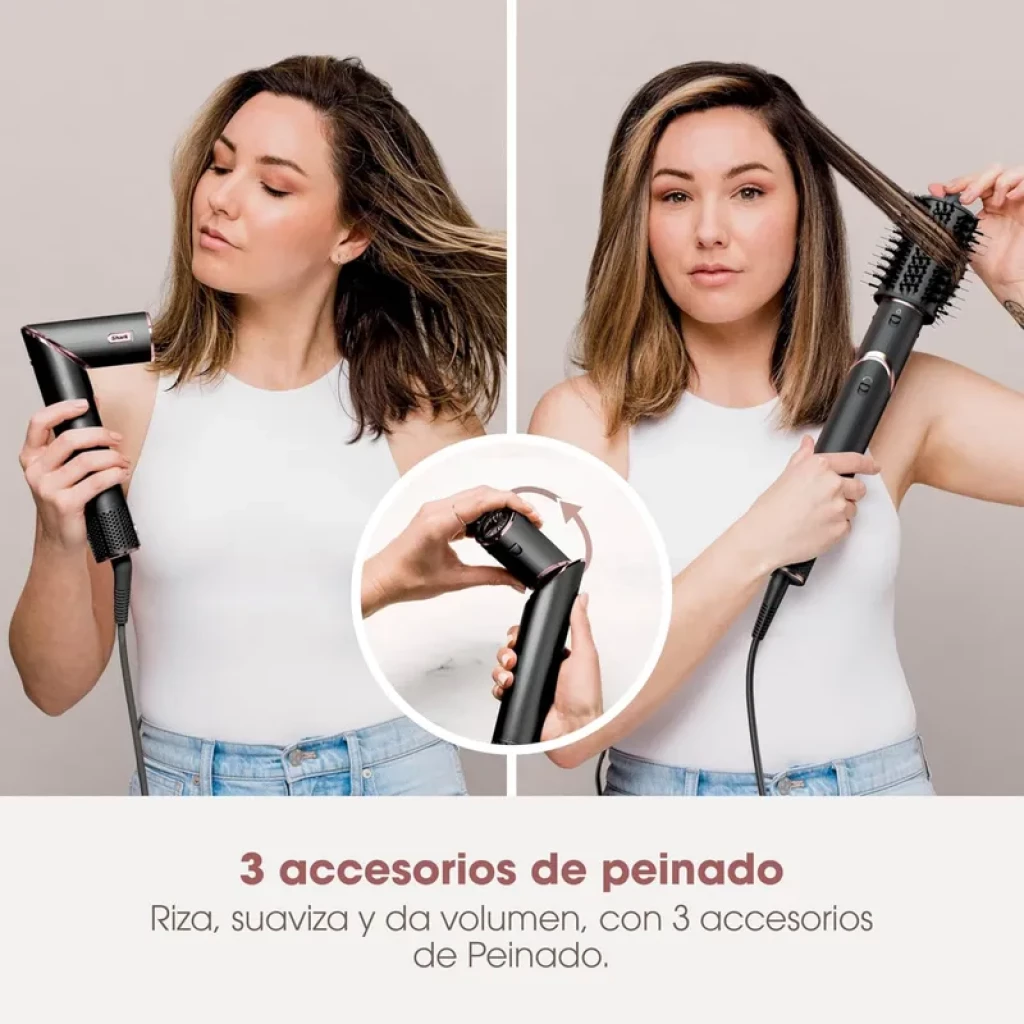 Shark HD426 FlexStyle 3-en-1 noir avec poignée ergonomique, embout sèche-cheveux et brosse ronde; coiffeuse montrant bouclage, lissage et volume