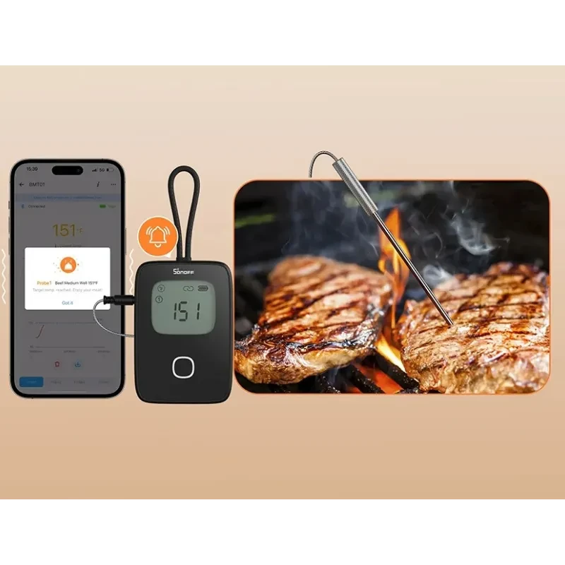 SONOFF BBQ BMT01 Thermomètre pour viande avec sonde en acier, écran LCD rétroéclairé, alerte sonore et suivi via app; idéal pour grillades précises
