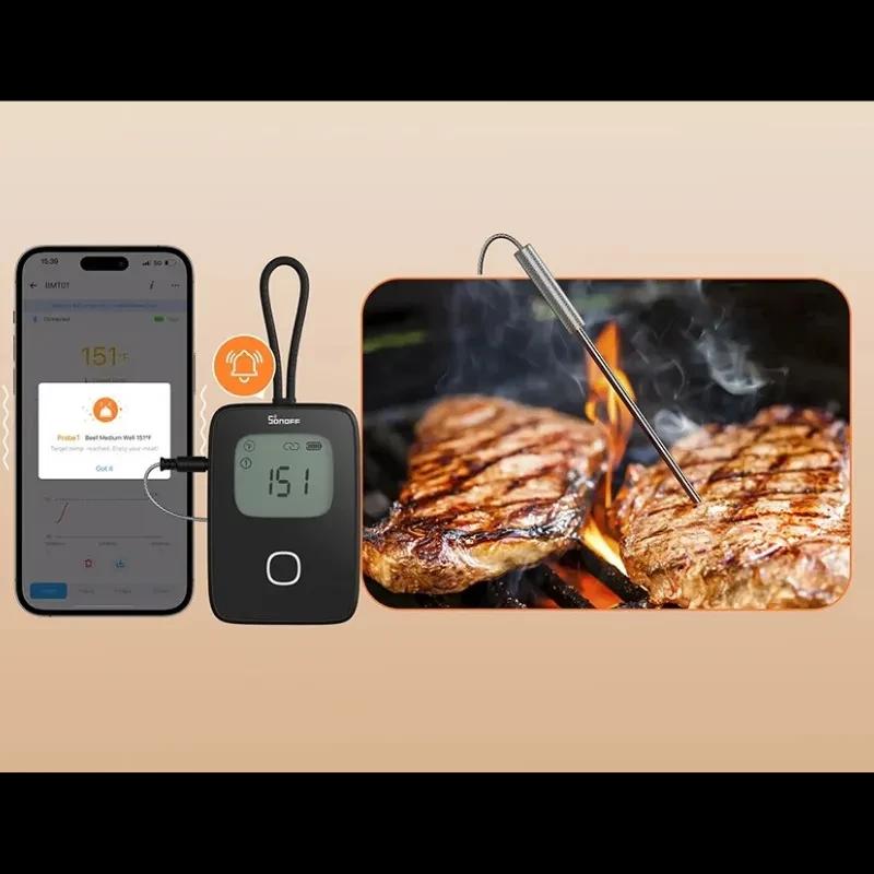 SONOFF BBQ BMT01 Thermomètre pour viande avec sonde en acier, écran LCD rétroéclairé, alerte sonore et suivi via app; idéal pour grillades précises