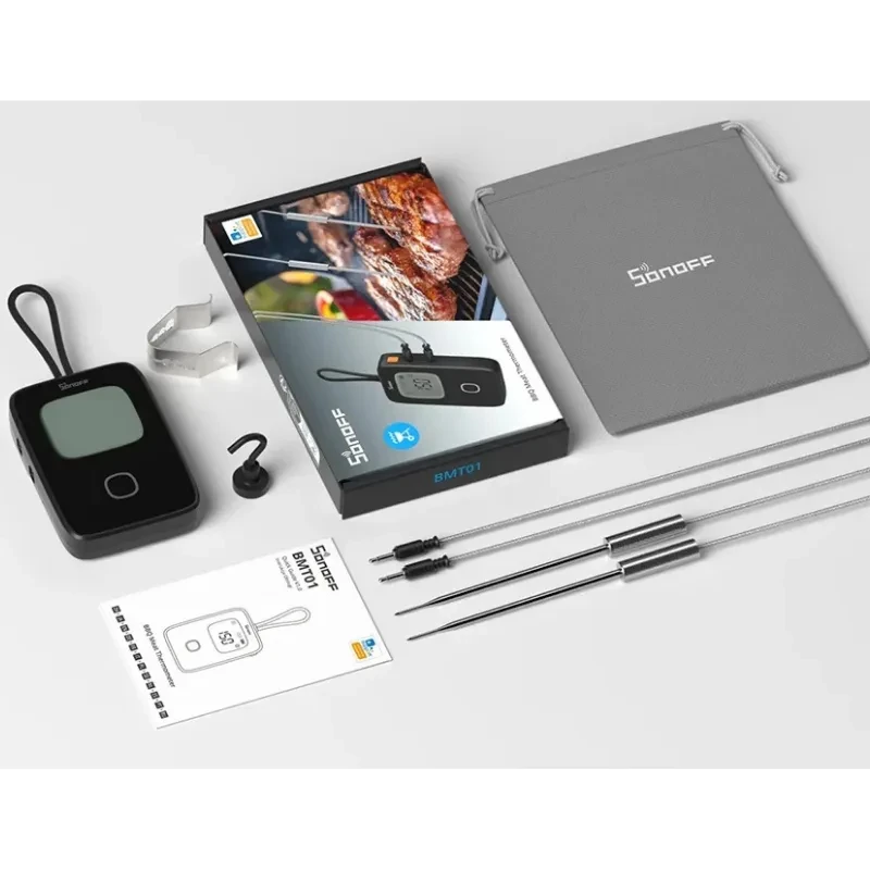 SONOFF BBQ BMT01 Thermomètre pour viande avec écran, capteur sans fil, 3 sondes inox, clip, cordon, manuel et pochette de rangement gris