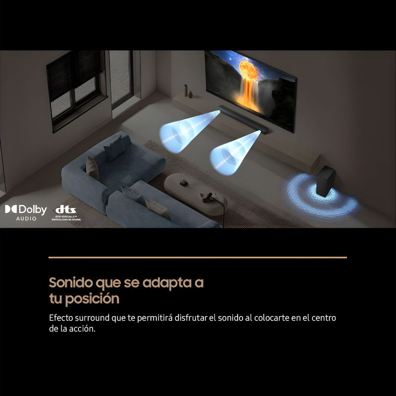 Samsung HW-B750F Negro - Barra de sonido con subwoofer inalámbrico; diseño minimalista, efecto surround direccional y LEDs que ilustran el audio espacial