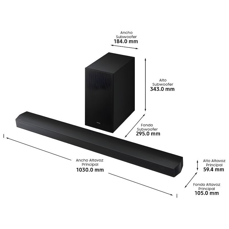 Samsung HW-B750F Negro - Barra de sonido con diseño minimalista, subwoofer inalámbrico y efecto Q-Symphony, colocada bajo TV para audio envolvente