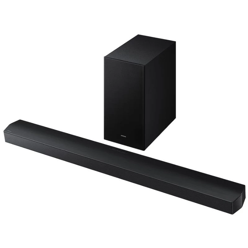 Samsung HW-B750F Negro barra de sonido con subwoofer inalámbrico; diseño minimalista en negro mate, rejilla frontal metálica y bordes curvos elegantes