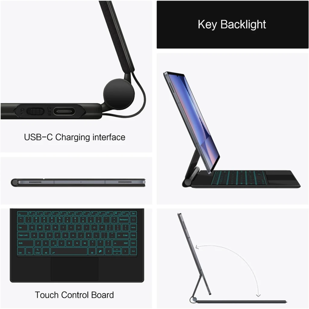 Funda con Teclado Samsung Galaxy Tab S10 Lite: teclado retroiluminado, panel táctil, bisagra ajustable, interfaz USB‑C, diseño delgado y estable