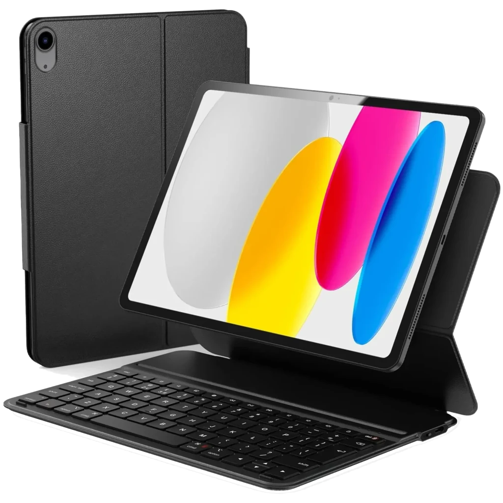 Funda con teclado para iPad 10ª Gen 10.9 en color negro, con soporte tipo atril, teclas en inglés, recortes precisos para cámara y puertos, diseño delgado