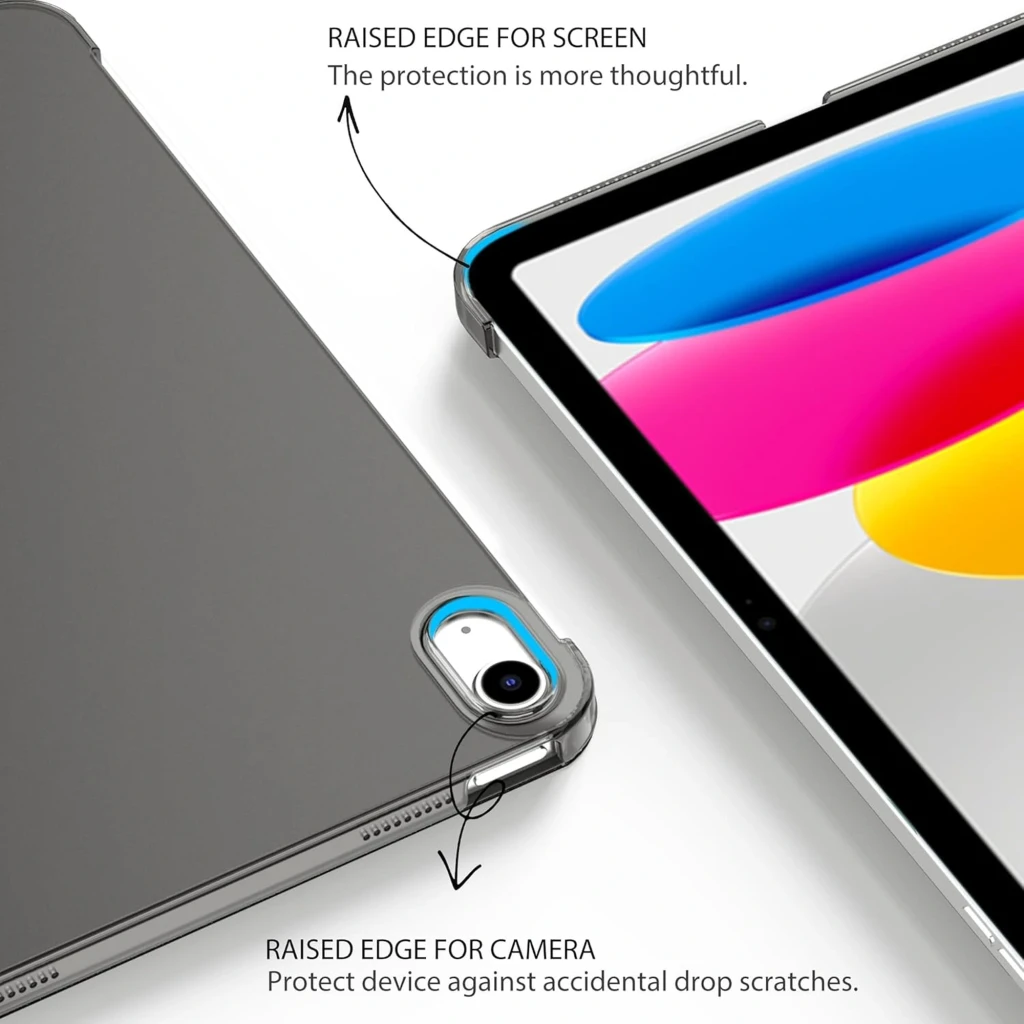 Funda transparente con bordes elevados para pantalla y cámara, esquinas reforzadas y recortes precisos. Compatible con iPad 11 2025. Teclado no visible.