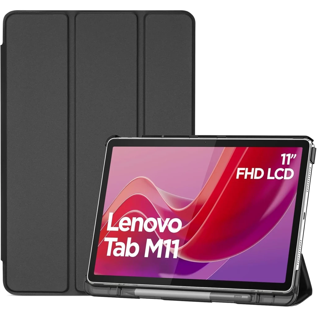 Capa Inteligente Lenovo Tab M11 11 polegadas preta com dobra tríplice, função suporte e proteção rígida nas bordas, encaixe preciso para botões e portas
