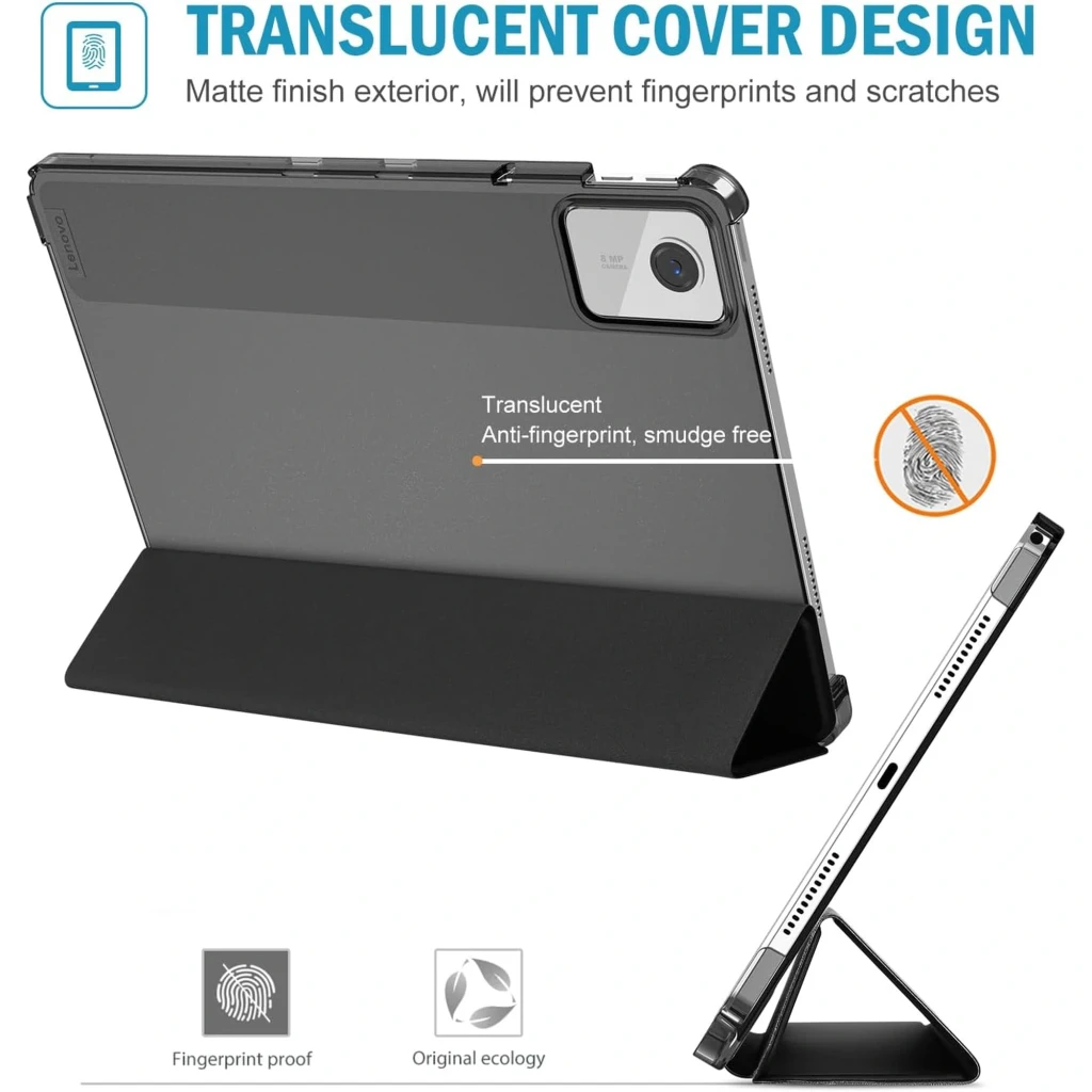 Coque Intelligent Lenovo Tab M11 11 Noir avec dos translucide mat anti-traces, bordures renforcées, découpe caméra précise et support pliable multiangles