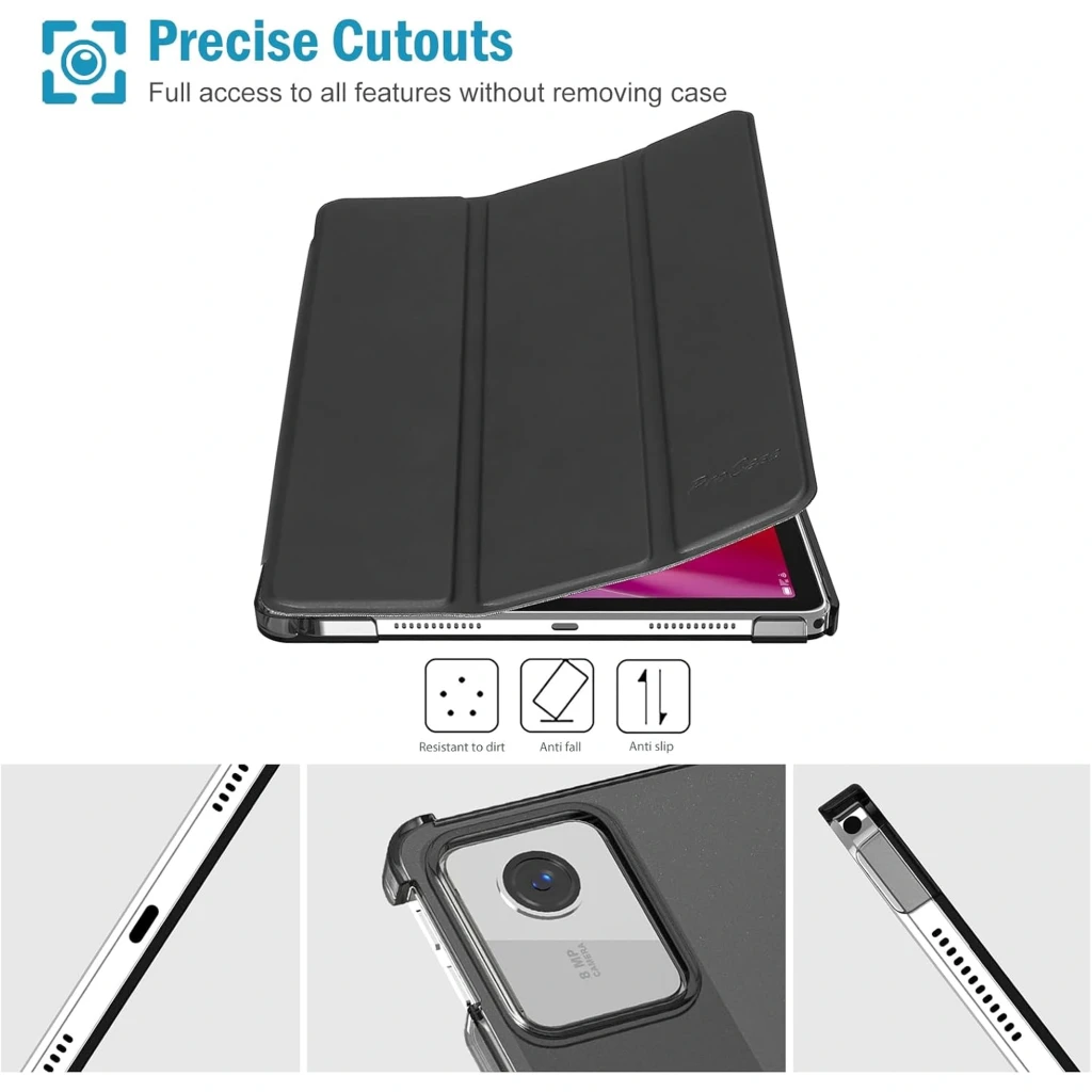 Coque Intelligent Lenovo Tab M11 11 Noir en cuir PU noir, rabat pliable type trifold, découpes précises, intérieur doux, bords renforcés antichoc et