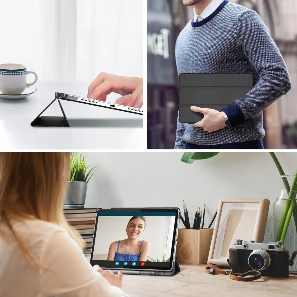 Coque Intelligent Lenovo Tab M11 11 Noir avec support pliable, fermeture aimantée et protection intégrale, position paysage pour vidéo et saisie