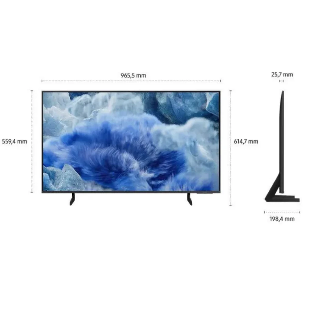 Televisor Samsung Q8F QE43Q8FAAU 43 pulgadas 4K Ultra HD con biseles finos, panel plano, diseño ultradelgado y patas laterales; medidas visibles en mm