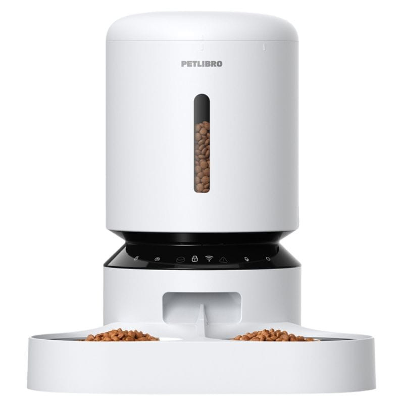 Petlibro Granary 5L Blanco - Comedero Inteligente con depósito cilíndrico blanco, ventana de nivel de comida, base negra con controles táctiles y bandeja