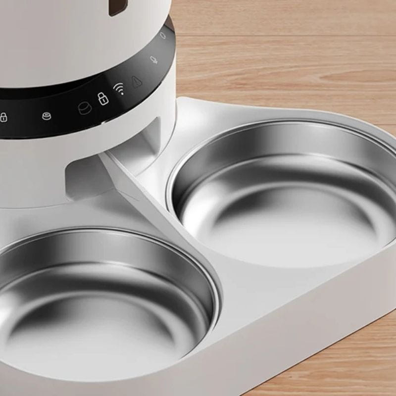 Petlibro Granary 5L Blanco - Comedero Inteligente con base blanca, dos cuencos de acero inoxidable y panel negro con iconos de control en el borde