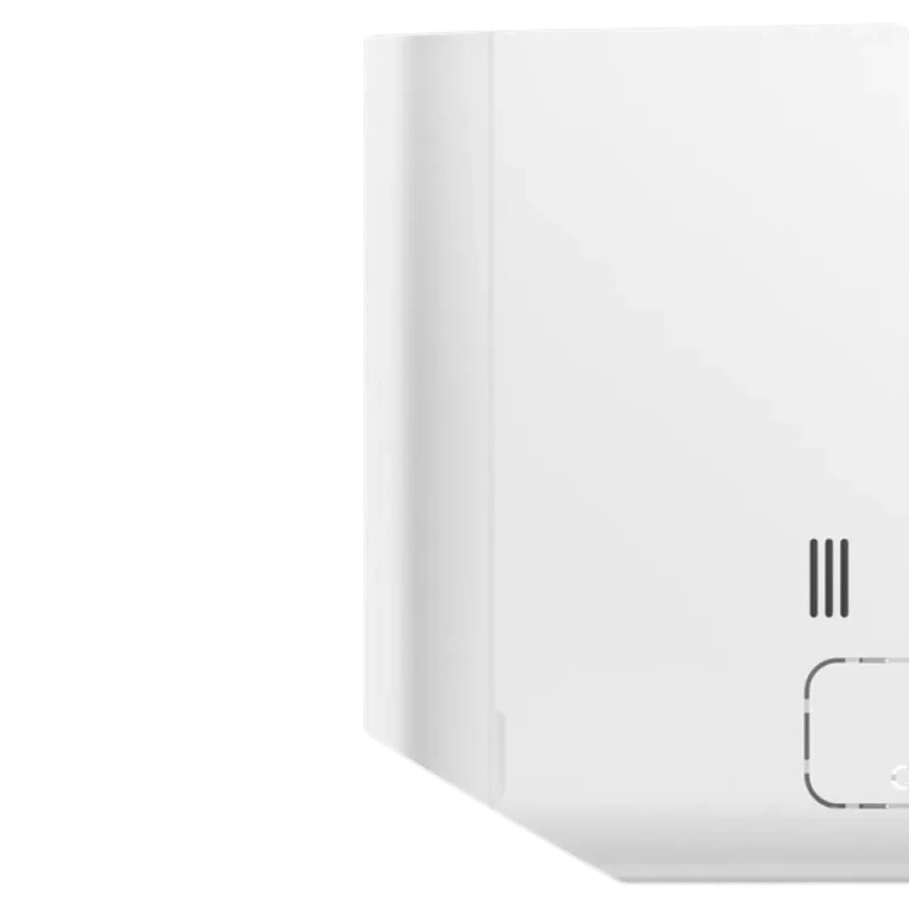 Xiaomi Mijia Air Conditioner Pro Eco 3.5 kW, panel lateral blanco minimalista con ranuras de ventilación verticales y bordes curvos, diseño limpio y moderno