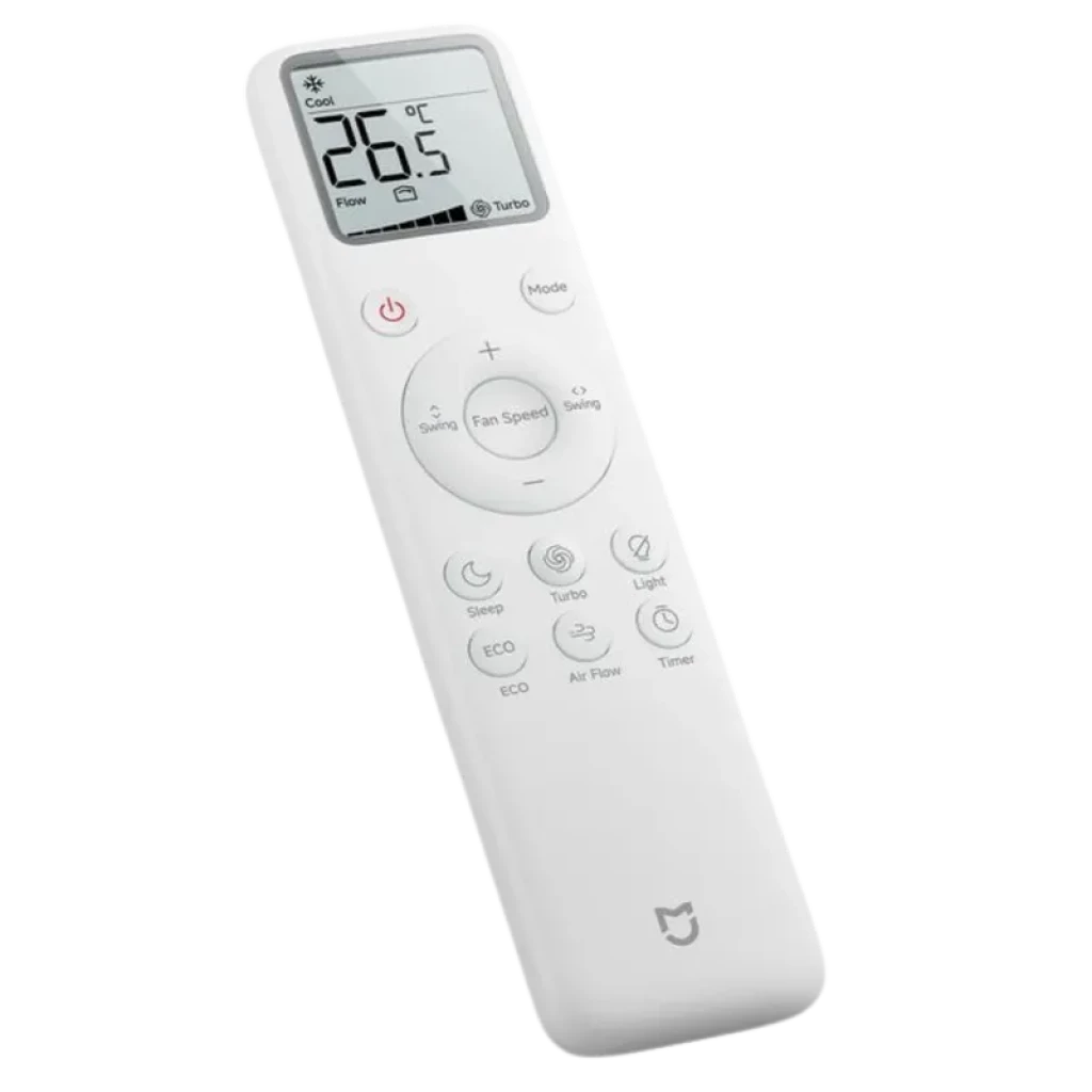 Control remoto blanco Xiaomi Mijia Air Conditioner Pro Eco 3.5 kW con pantalla LCD, botones para modo, velocidad de ventilador, ECO, Turbo, temporizador y luz