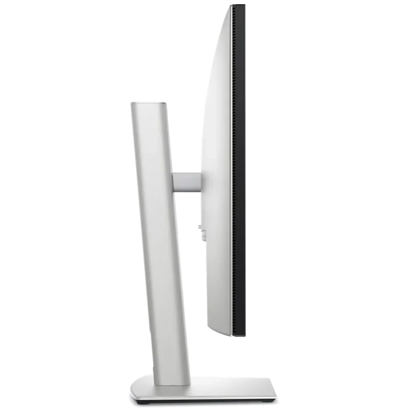 Perfil lateral do monitor DELL UltraSharp U3225QE 32 4K IPS, painel fino preto com traseira prateada, base robusta ajustável, design elegante e moderno