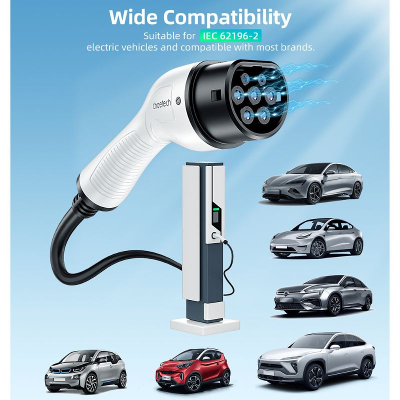 Choetech ACG12 cargador EV monofásico 240V 32A 7kW con cable 5 m y conector tipo 2; diseño mural, indicador LED y pistola ergonómica para carga rápida