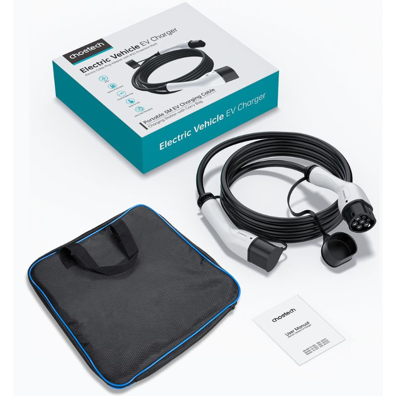 Conector EV Choetech ACG12 Tipo 2 blanco, 240V 32A 7kW, cable 5 m, compatible IEC 62196-2, diseño ergonómico con pines visibles y carcasa robusta