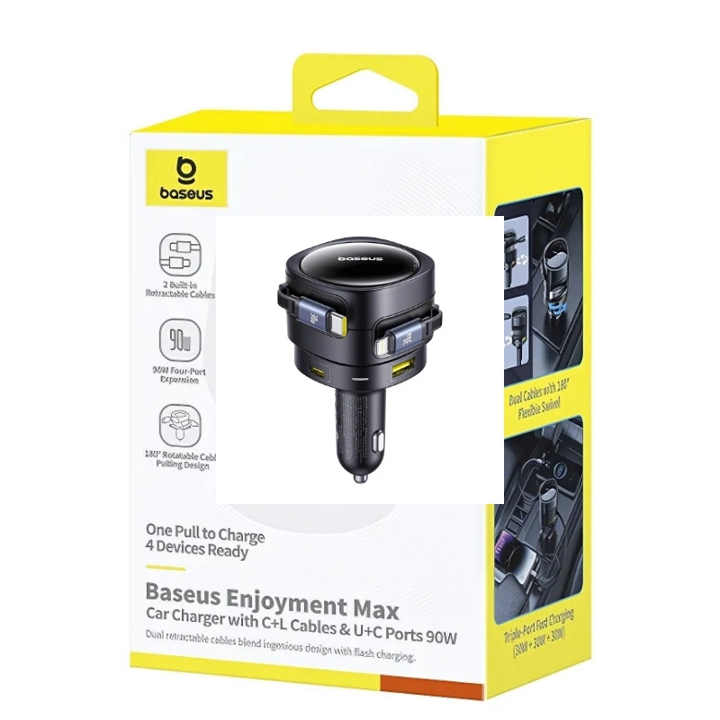 Chargeur de Voiture Baseus Enjoyment Max 90W avec câbles USB-C+Lightning et ports USB-A+USB-C Boîte
