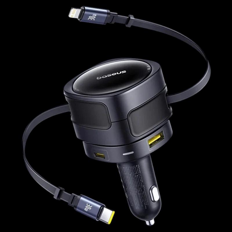 Chargeur de Voiture Baseus Enjoyment Max 90W avec câbles USB-C+Lightning et ports USB-A+USB-C