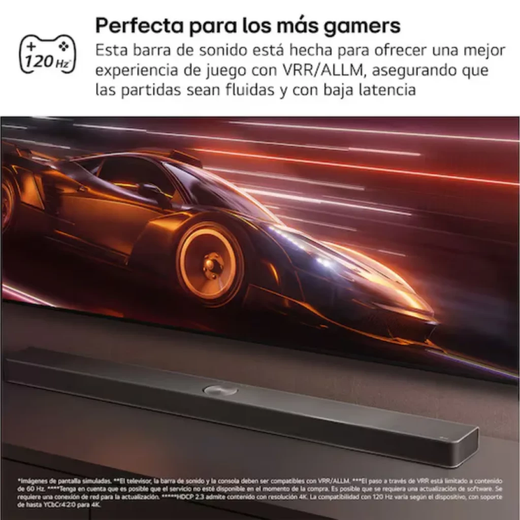 Barra de sonido LG S70TY 3.1.1 negra con subwoofer, diseño minimalista, indicador LED central y compatibilidad Dolby Atmos para audio envolvente 400 W