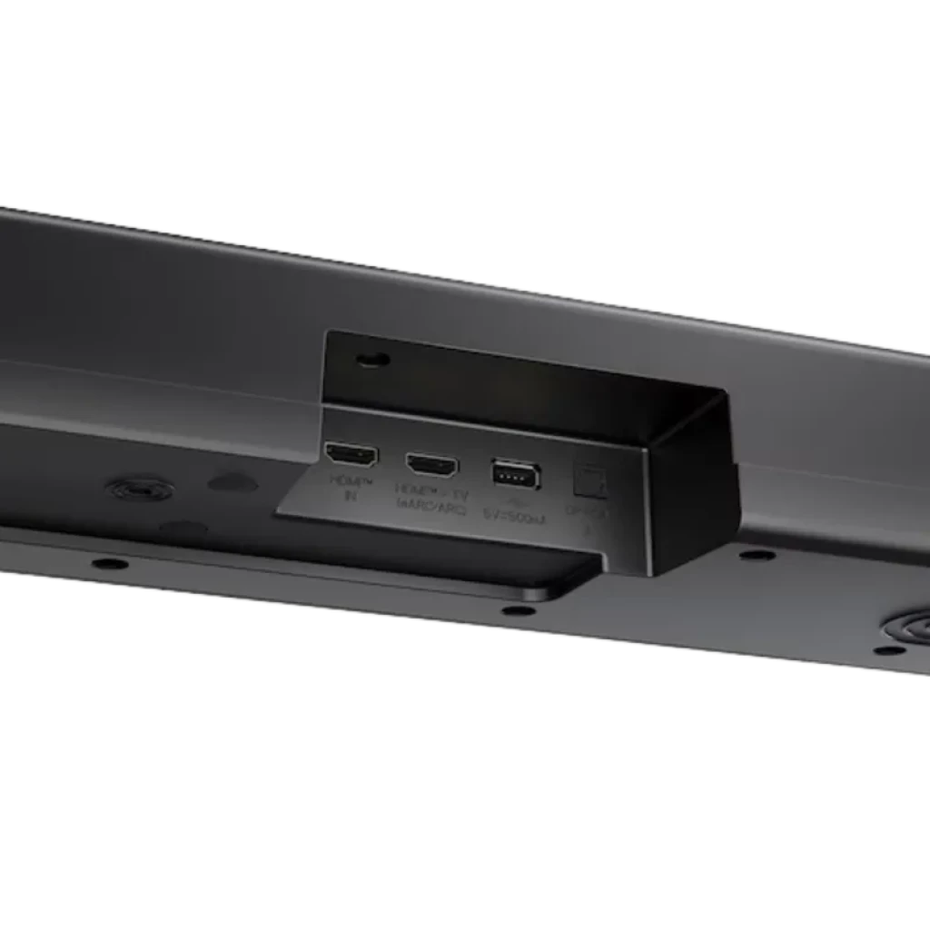 Puertos traseros de la barra LG S70TY: HDMI IN, HDMI TV eARC, USB y entrada óptica; diseño negro minimalista y acabado mate