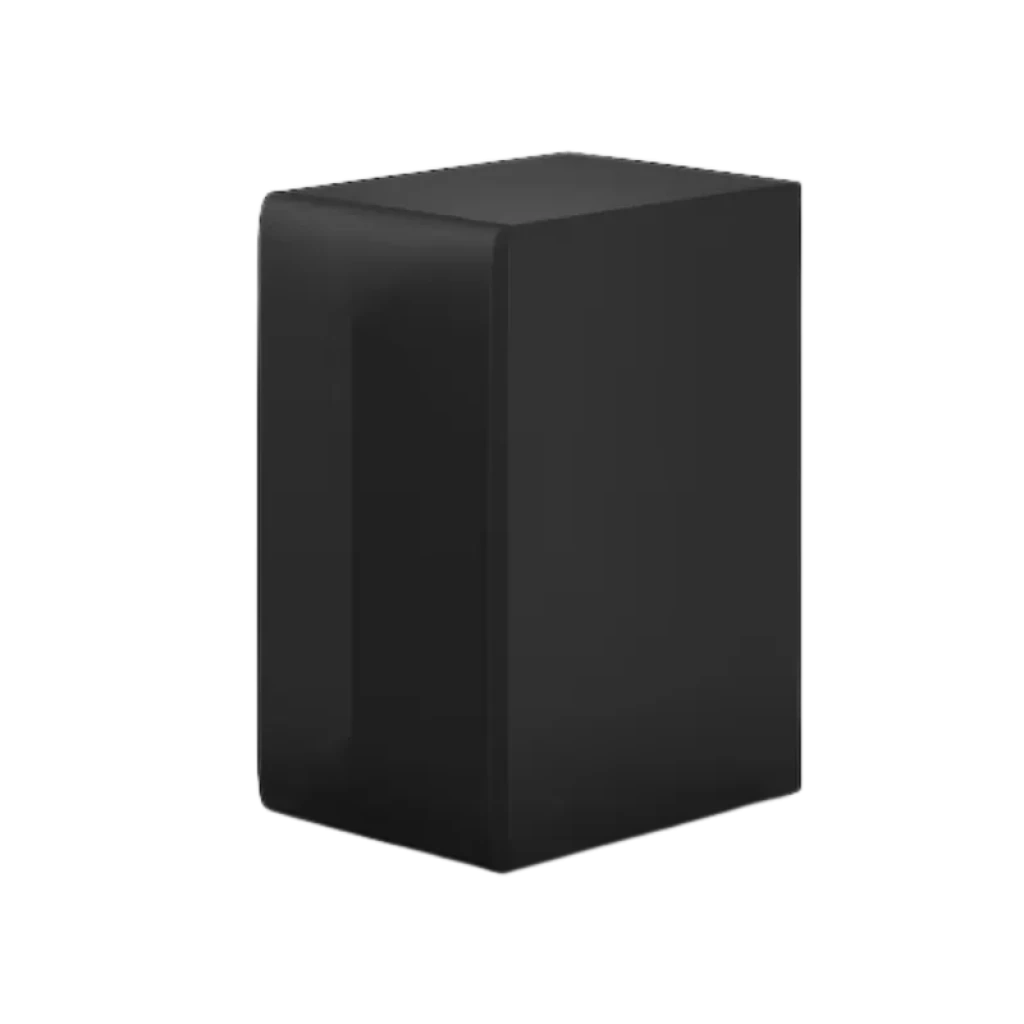 Subwoofer negro LG S70TY 400 W de líneas rectas y acabado mate, diseño compacto y minimalista para acompañar la barra de sonido Dolby Atmos