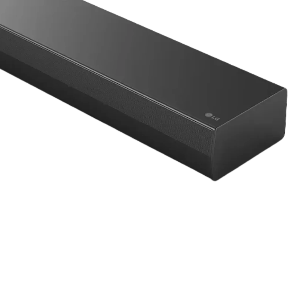 Barra de sonido LG S70TY negra, diseño minimalista con rejilla frontal metálica y acabado mate, ideal para montaje bajo TV y cine en casa