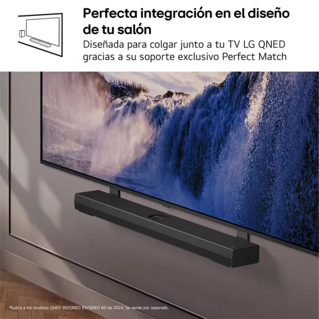 LG S70TY 3.1.1 barra de sonido negra bajo TV, diseño minimalista para colgar, compatible LG QNED con soporte Perfect Match, rejilla frontal y subwoofer 400 W