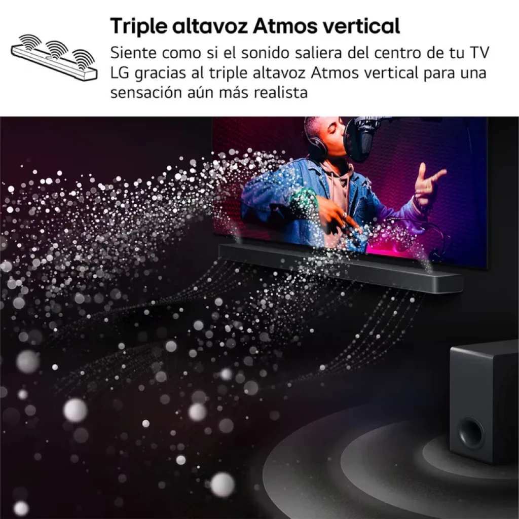 Barra de sonido LG S70TY 3.1.1 negra con subwoofer 400 W y Dolby Atmos; altavoz Atmos vertical triple para audio envolvente y sensación realista