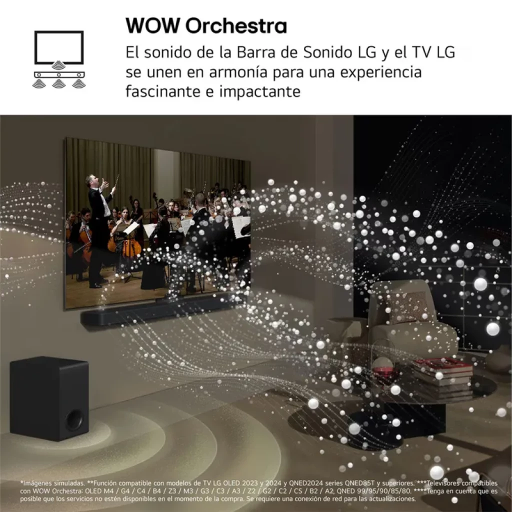 LG S70TY 3.1.1 negra con subwoofer 400 W y Dolby Atmos; barra elegante bajo TV, subwoofer inalámbrico lateral y efecto WOW Orchestra en sala moderna