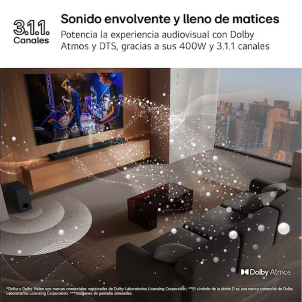 LG S70TY 3.1.1 barra de sonido negra con subwoofer, 400 W y Dolby Atmos; diseño elegante bajo TV, rejilla metálica y controles superiores discretos