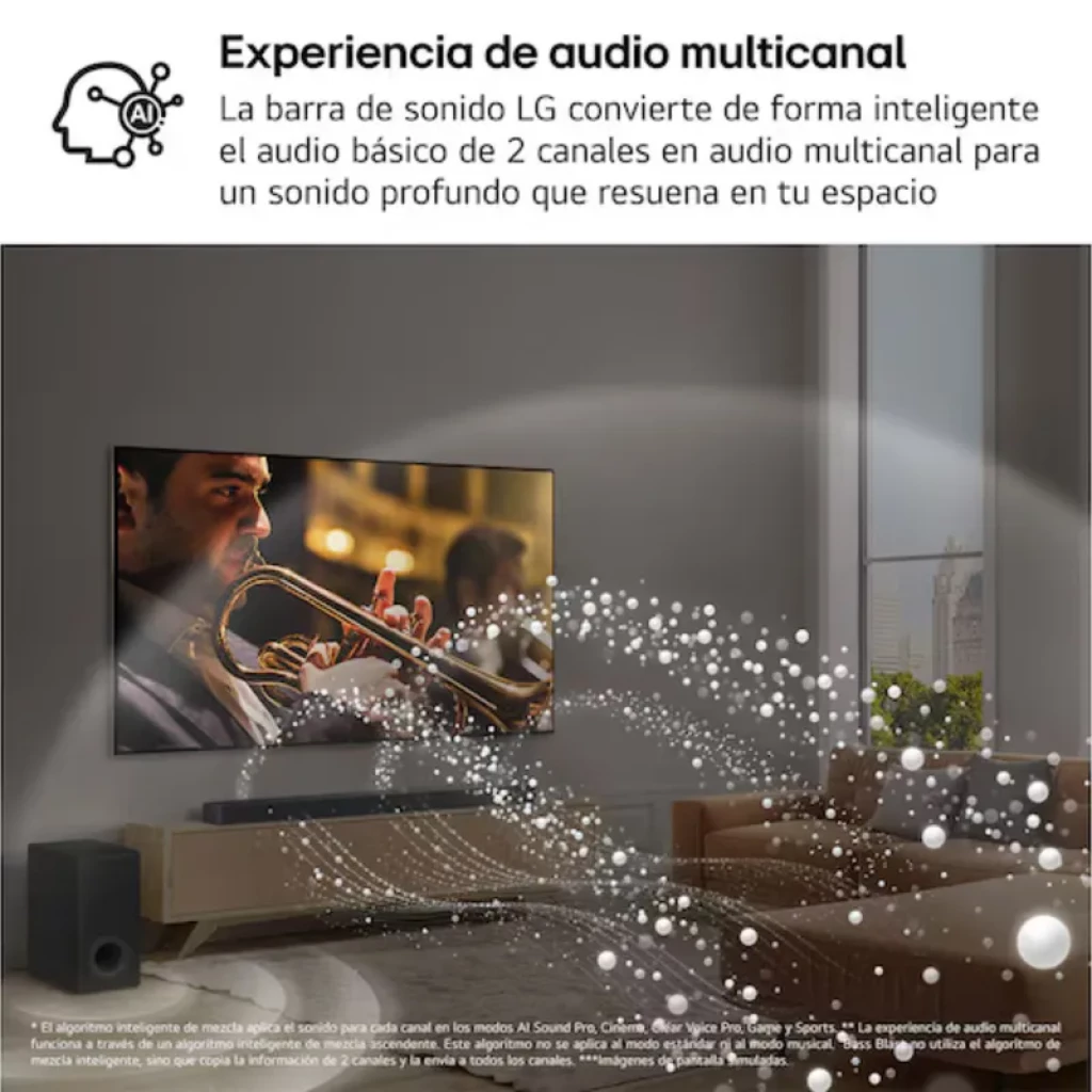Barra de sonido LG S70TY 3.1.1 negra con subwoofer de 400 W, diseño estilizado bajo TV, compatible con Dolby Atmos y enfoque en audio multicanal inmersivo