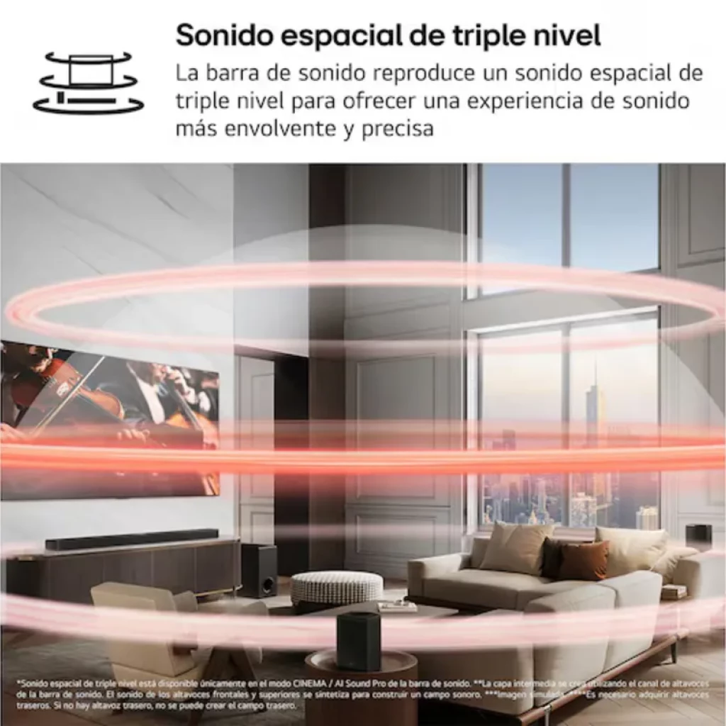 Barra de sonido LG S70TY negra con subwoofer; diseño 3.1.1, 400 W y Dolby Atmos. Perfil delgado bajo TV, rejilla metálica y anillo de luz que sugiere sonido