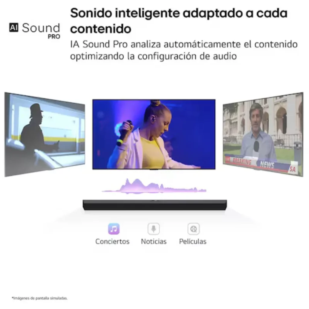 Barra de sonido LG S70TY negra con subwoofer 400 W, diseño minimalista. Compatible con Dolby Atmos. Indicadores frontales y controles táctiles superiores.