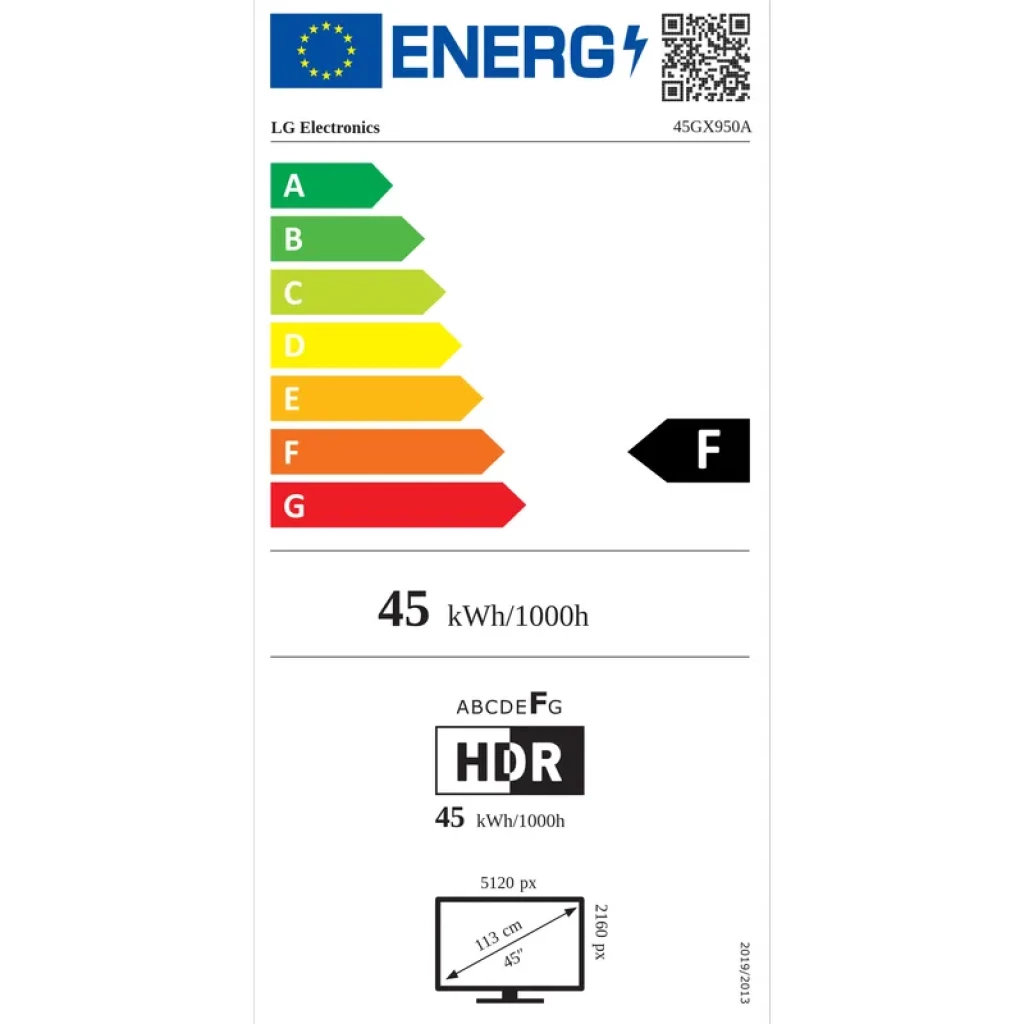 Etiqueta energética UE del monitor LG UltraGear 45GX950A-B: clase F, consumo 45 kWh/1000h, HDR, resolución 5120x1440, diagonal 113 cm, curva