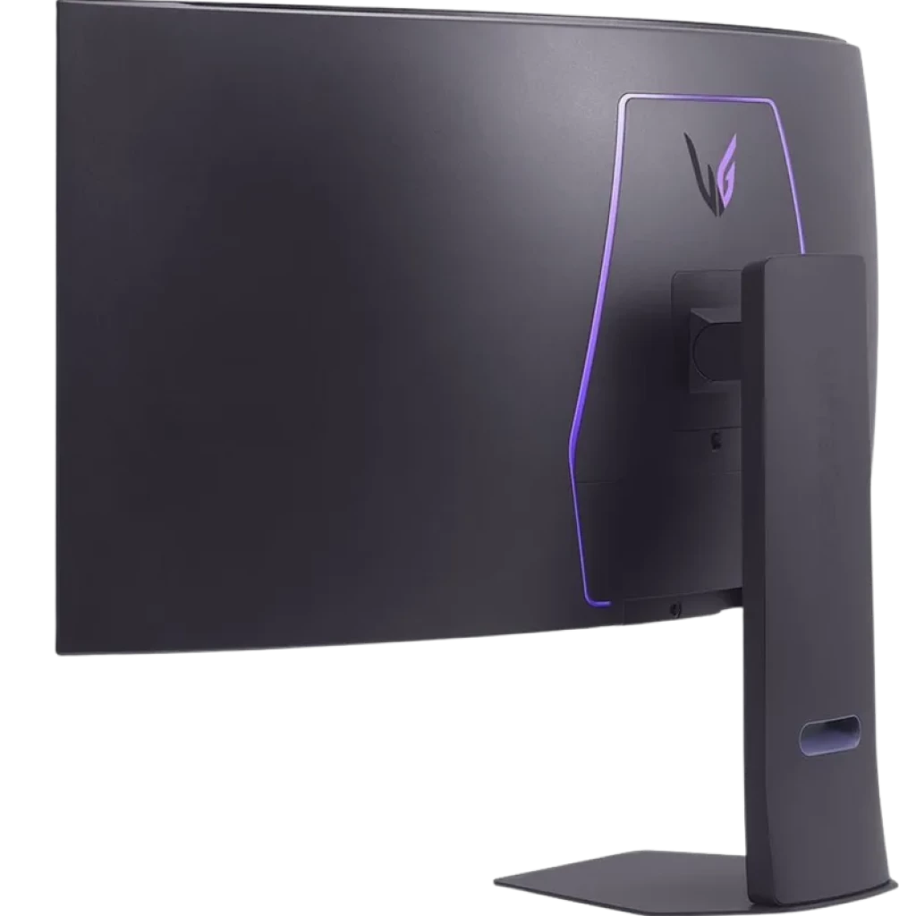 Parte trasera de monitor curvo LG UltraGear 45GX950A-B con iluminación LED violeta, soporte robusto ajustable y diseño ultrapanorámico OLED 44.5 pulgadas