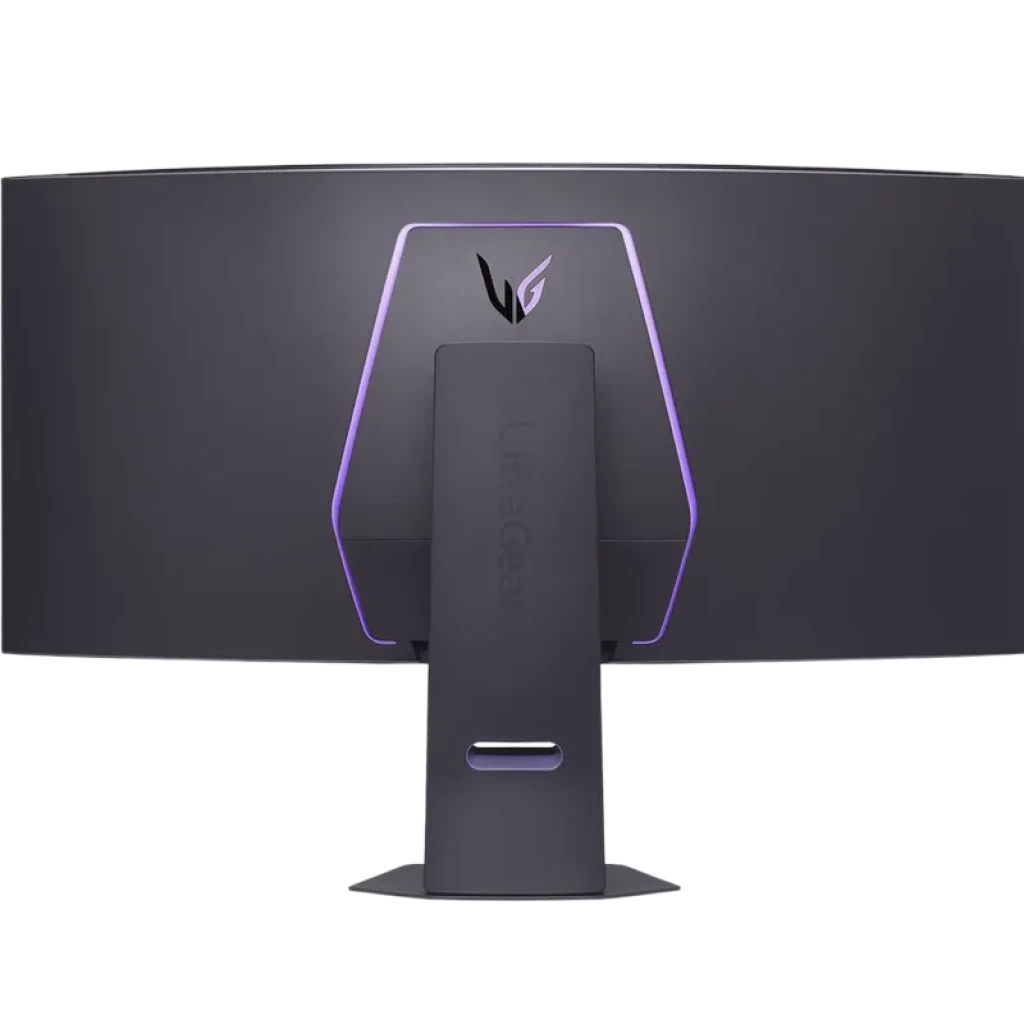 Monitor curvo ultrapanorámico OLED 44.5 pulgadas con iluminación trasera violeta, soporte central robusto y diseño gaming UltraGear en color negro mate