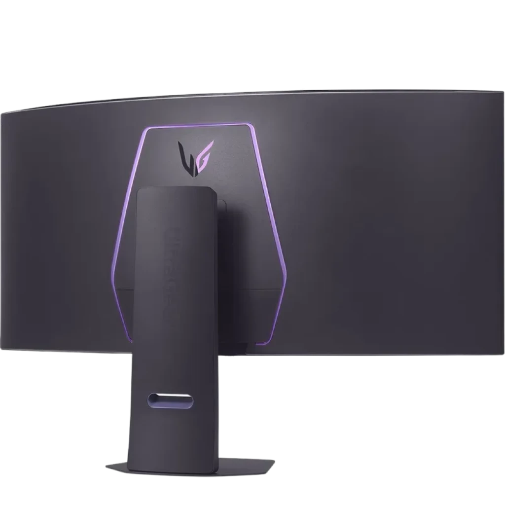 Monitor curvo ultrapanorámico OLED 44.5 pulgadas, trasera negra con iluminación violeta, logo UltraGear, soporte central robusto con ranura de gestión de