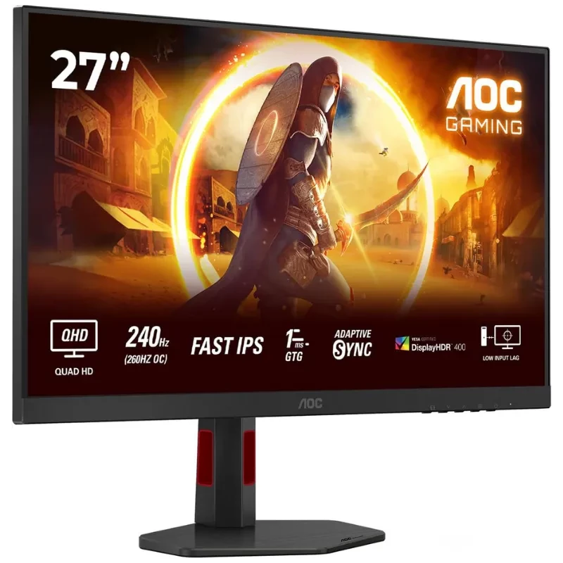 AOC Q27G4ZR 27 pulgadas, panel IPS QHD, 240 Hz, 1 ms, AdaptiveSync, HDR, biseles finos, soporte ajustable con detalles rojos, ideal para gaming