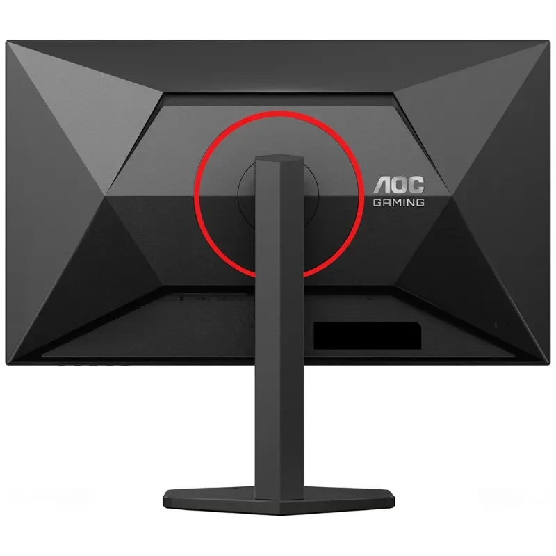 Parte trasera del AOC Q27G4ZR 27" con diseño angular negro, aro rojo, soporte central robusto y puertos ocultos; estilo gaming limpio y moderno