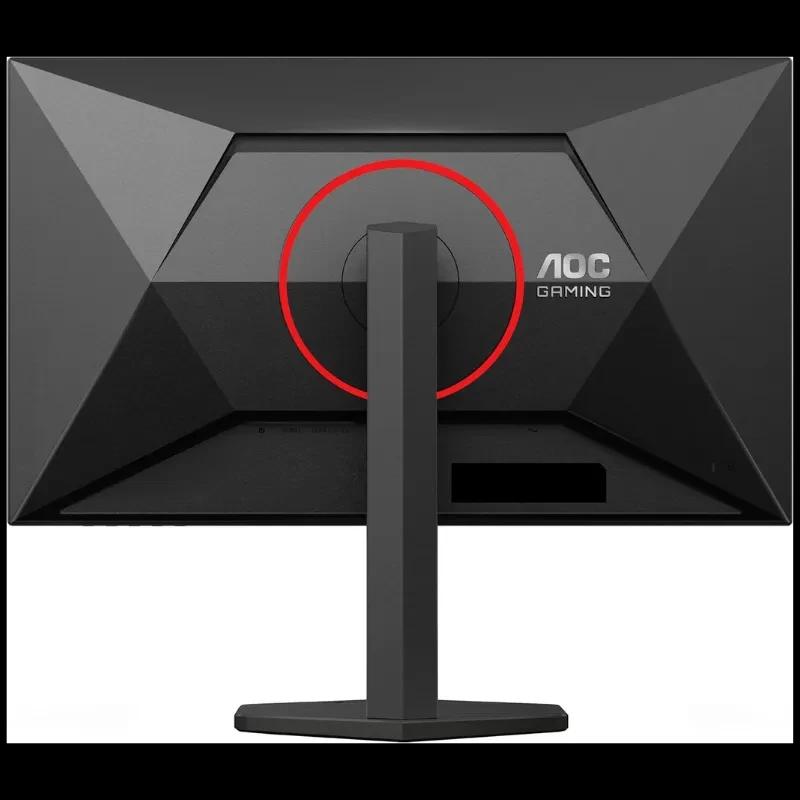 Parte trasera del AOC Q27G4ZR 27" con diseño angular negro, aro rojo, soporte central robusto y puertos ocultos; estilo gaming limpio y moderno