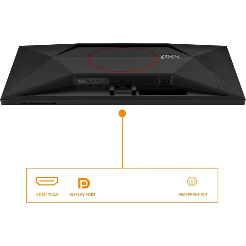 Parte trasera del AOC Q27G42ZE 27 pulgadas: diseño angular negro con aro rojo, puertos HDMI 2.0, DisplayPort y salida de auriculares, montaje VESA integrado