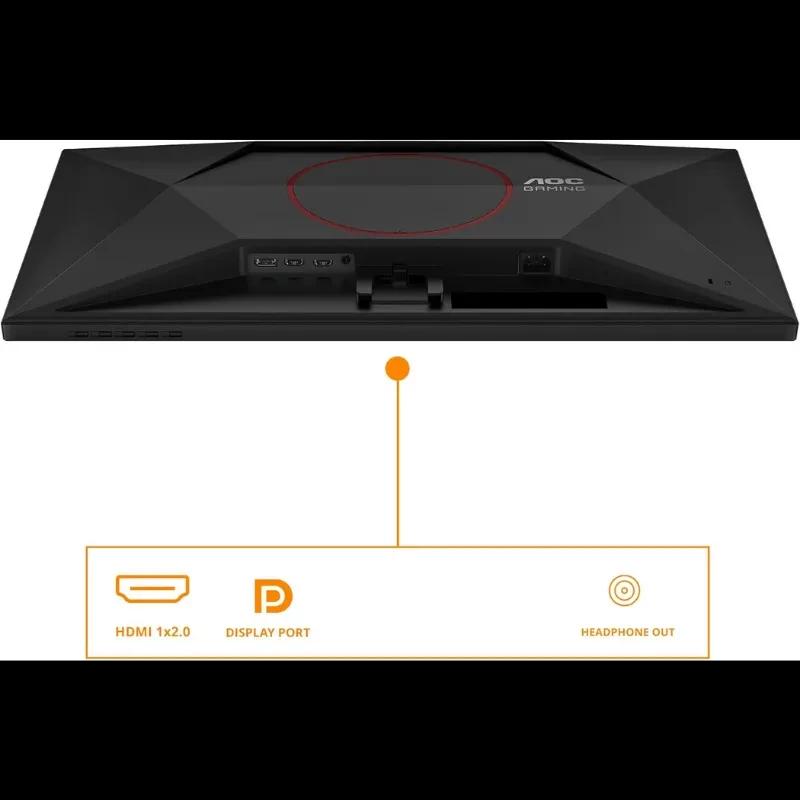 Parte trasera del AOC Q27G42ZE 27 pulgadas: diseño angular negro con aro rojo, puertos HDMI 2.0, DisplayPort y salida de auriculares, montaje VESA integrado