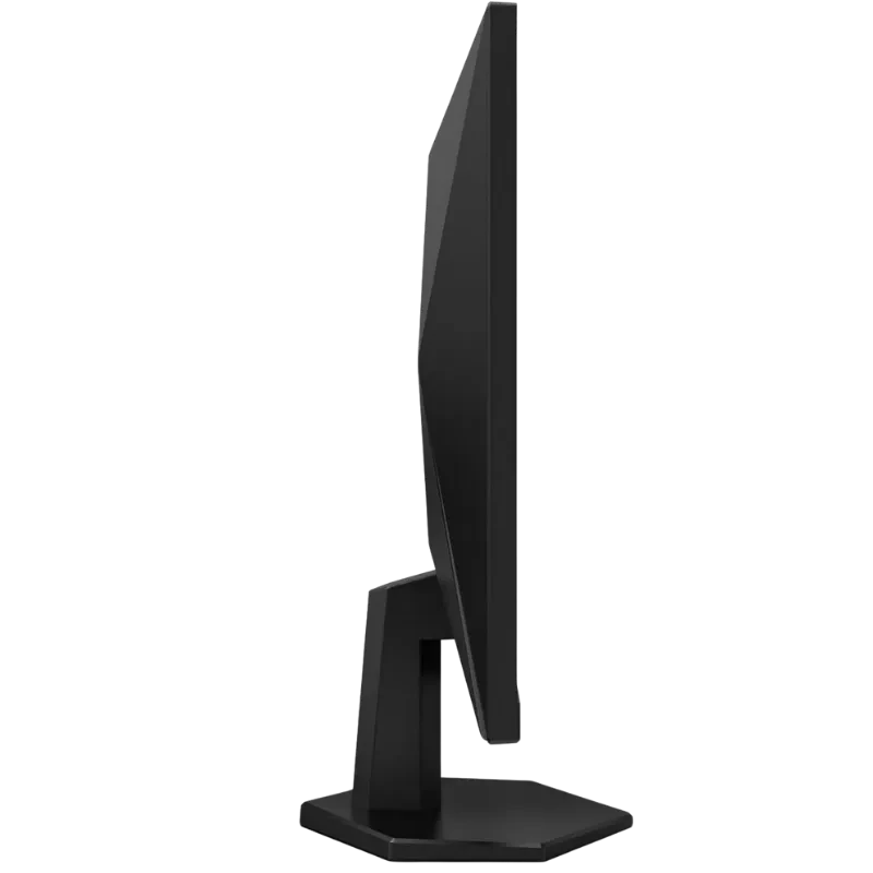 Perfil lateral del monitor AOC Q27G42ZE 27 pulgadas, diseño delgado en color negro con bisel estrecho y base angular robusta, ideal para setup gaming